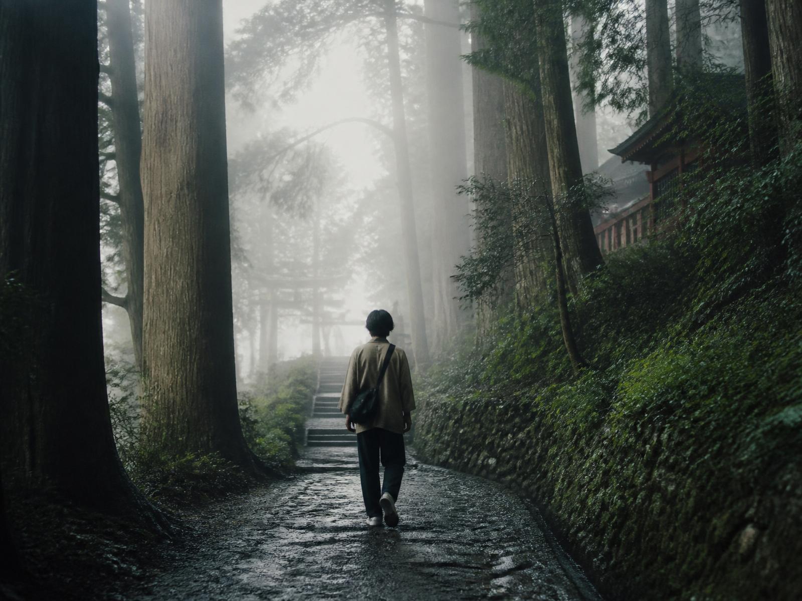 Chemin brumeux dans une forêt de cèdres au Japon